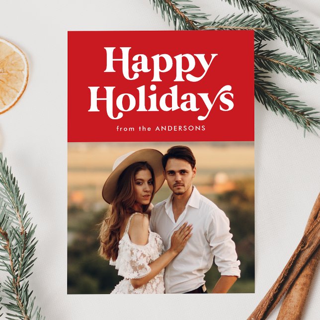 Cartes Pour Fêtes Annuelles Typographie rétro Red Happy Holidays Photo (Créateur téléchargé)