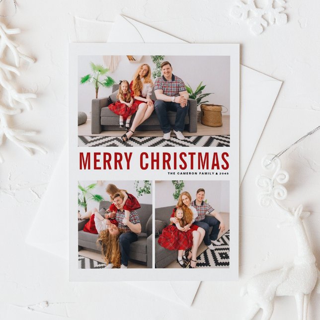 Cartes Pour Fêtes Annuelles Typographie rouge Joyeux Noël Trois photos (Modern Red Typography Three Photo Collage Merry Christmas Postcard)