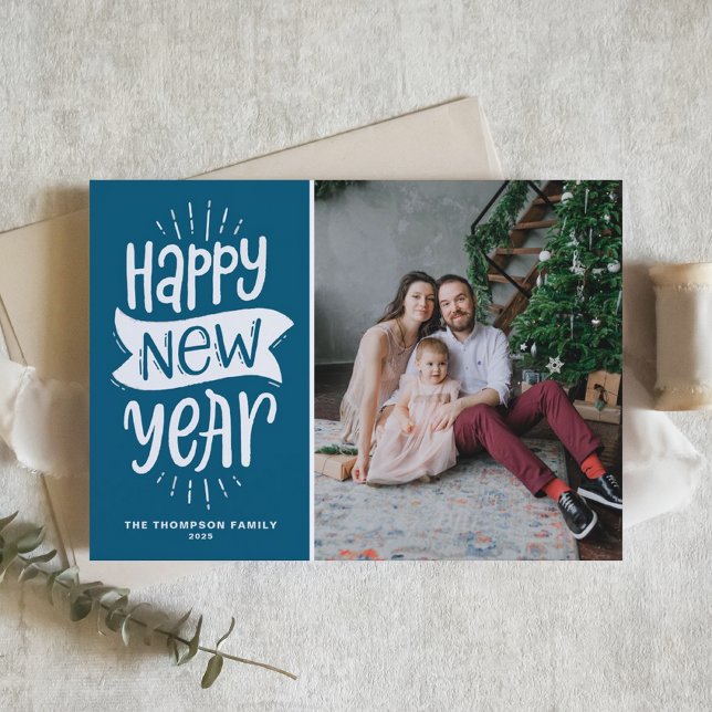 Cartes Pour Fêtes Annuelles Typographie rustique Bleu Bonne Année Photo (Créateur téléchargé)