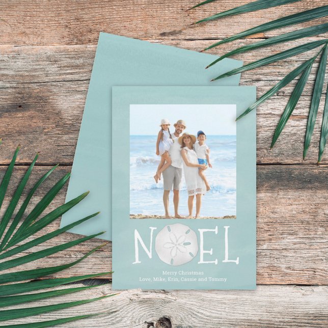 Cartes Pour Fêtes Annuelles Typographie Simple Custom Noel Beach Turquoise (Christmas Holiday Noel Creative Typography Beach Photo Card with a single-photo template.)