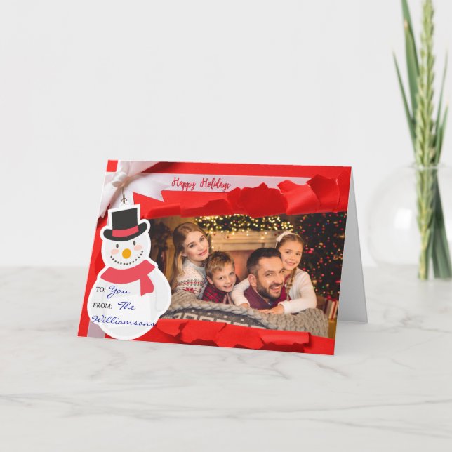 Cartes Pour Fêtes Annuelles Un Cadeau Ouvert Révèle Famille Photo Joyeux Vacan (Devant)