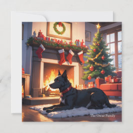 Cartes Pour Fêtes Annuelles Un chien avec sapin de Noël et cheminée