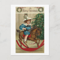 Un joyeux enfant de Noël et un cheval à rochers