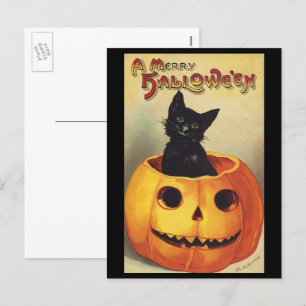 Cartes Pour Fêtes Annuelles Un joyeux Halloween par Ellen Clapsaddle, Chat Vin