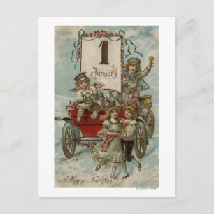 Cartes Pour Fêtes Annuelles Un joyeux Nouvel AnEnfants autour d'une Wagon Roug