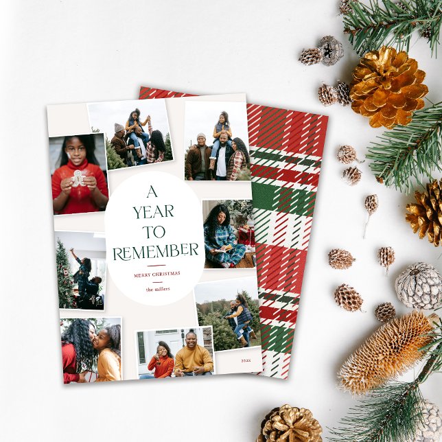 Cartes Pour Fêtes Annuelles Une année à retenir 8 Photo Collage Noël (A year to remember. 8 photo collage Holiday card design on white background with pine xmas decor)