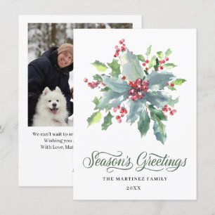 Cartes Pour Fêtes Annuelles UNE PHOTO Holly et Berry Watercolor Green 2022