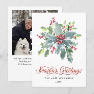 Cartes Pour Fêtes Annuelles UNE PHOTO Holly et Berry Watercolor Green 2022