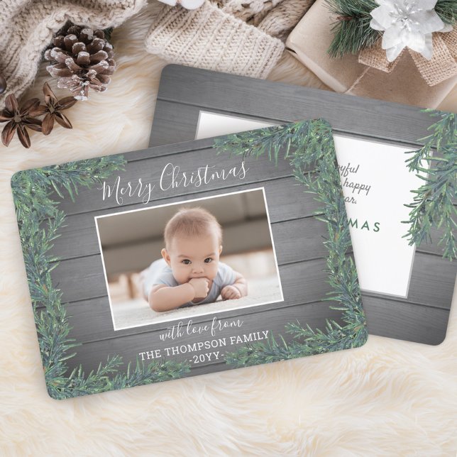 Cartes Pour Fêtes Annuelles Une photo Noël vert et gris rustique bois (Créateur téléchargé)