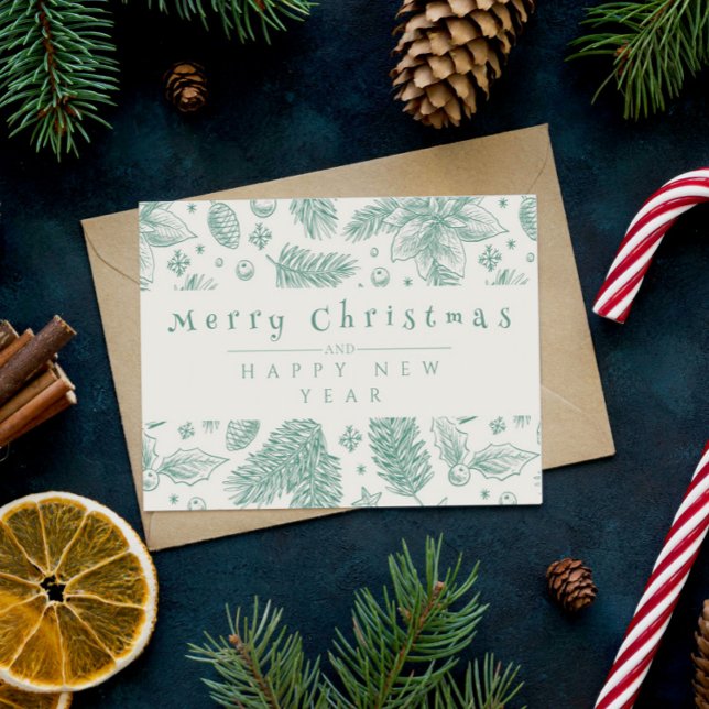 Cartes Pour Fêtes Annuelles Unique Green Floral Line Art Joyeux Noël (Créateur téléchargé)