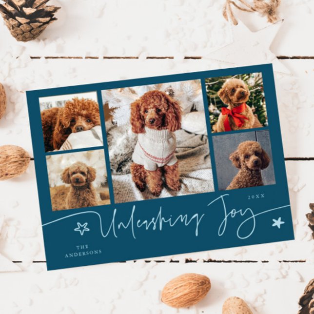 Cartes Pour Fêtes Annuelles Unleashing Joy Teal Dog Multi Photo  (Créateur téléchargé)