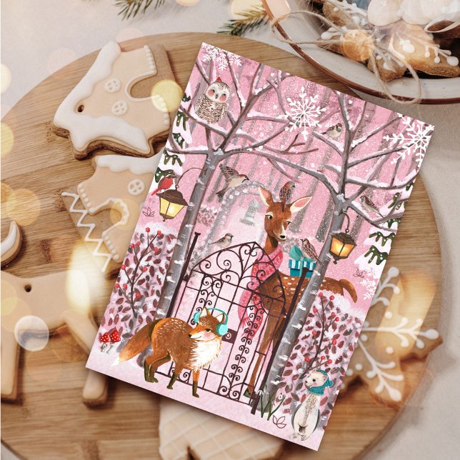 Cartes Pour Fêtes Annuelles Vacances Animaux Bois d'hiver rose (Cute Pink Winter Woodland Animals Holiday)