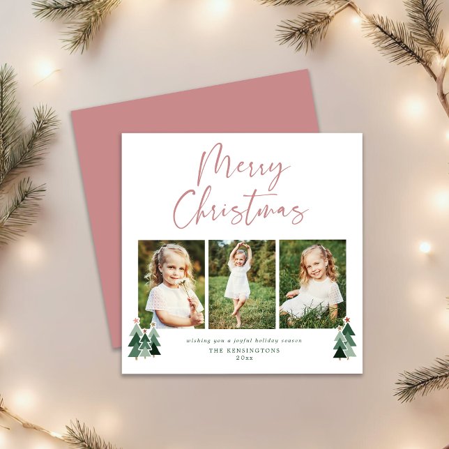 Cartes Pour Fêtes Annuelles Vacances de Noël rose moderne 3 Photo (Modern Pink Green Christmas Holiday 3 Photo Square Card)