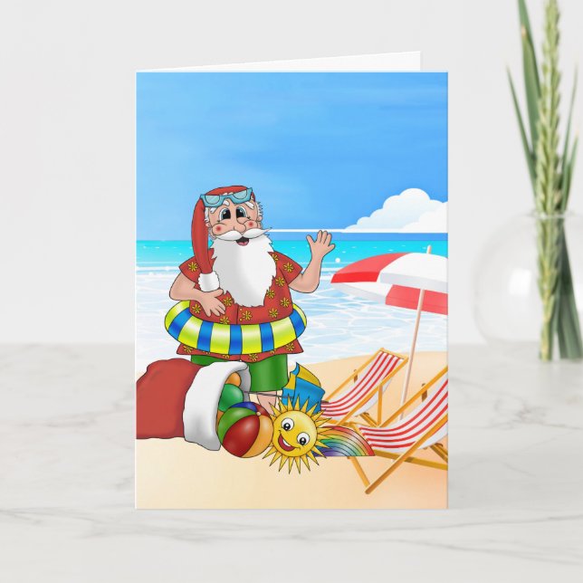 Cartes Pour Fêtes Annuelles Vacances de Noël tropicales à Père Noël Beach (Devant)