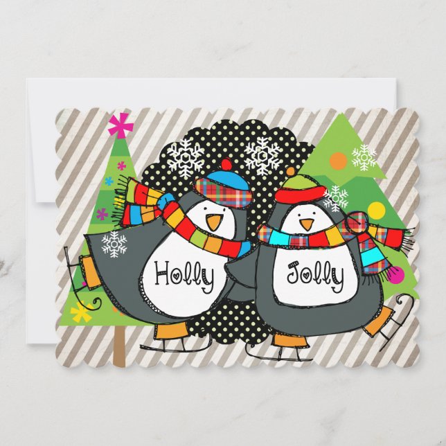 Cartes Pour Fêtes Annuelles Vacances de patinage gaies de pingouins de houx (Devant)