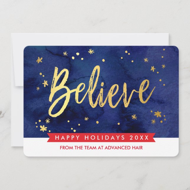 Cartes Pour Fêtes Annuelles VACANCES D'ENTREPRISE croire script marine or roug (Devant)