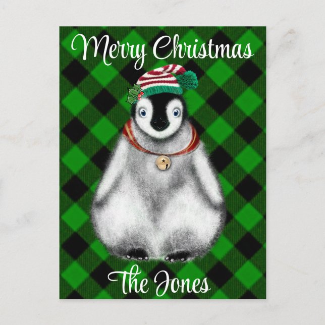 Cartes Pour Fêtes Annuelles Vacances festives mignonnes Pingouin vert noir pla (Devant)