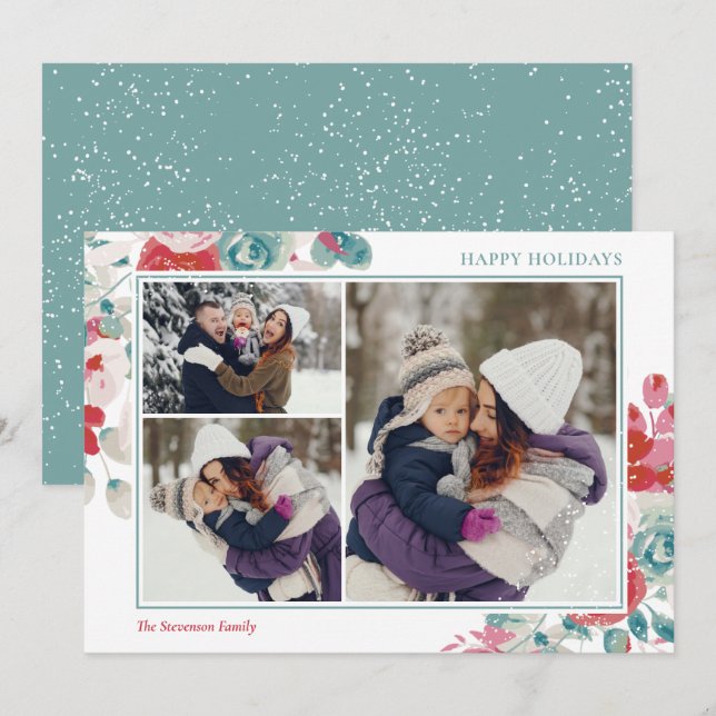 Cartes Pour Fêtes Annuelles Vacances neige vert rouge floral 3 photos (Devant / Derrière)
