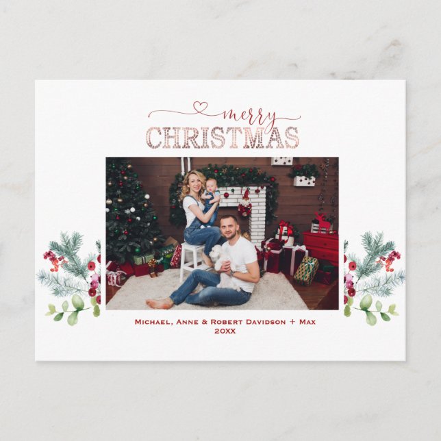 Cartes Pour Fêtes Annuelles Vacances Verdure Photo Rose Or Joyeux Noël (Devant)