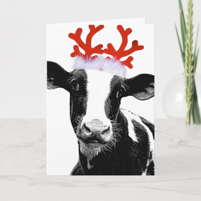 Cartes Pour Fêtes Annuelles Vache avec Antlers de rennes (Devant)