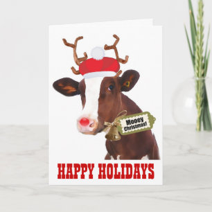 Cartes Pour Fêtes Annuelles Vache avec Antlers de rennes et Santa Hat