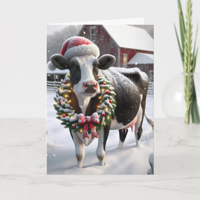 Cartes Pour Fêtes Annuelles Vache De Noël À Barnyard (Devant)