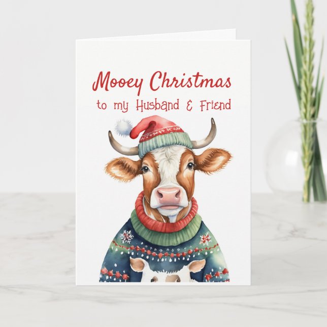 Cartes Pour Fêtes Annuelles Vache de Noël amusante pour mari ami (Devant)