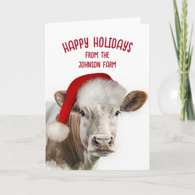 Cartes Pour Fêtes Annuelles Vache de Noël Hereford avec chapeau de Père Noël (Devant)