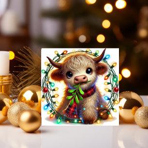 Cartes Pour Fêtes Annuelles Vache des Highlands avec gui et lumières de fêtes