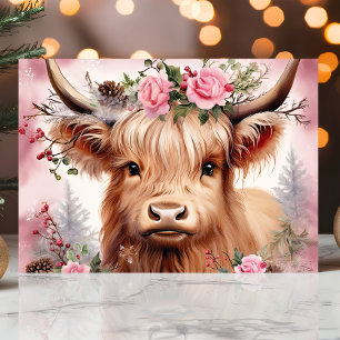 Cartes Pour Fêtes Annuelles Vache des Highlands avec roses roses fête de Noël