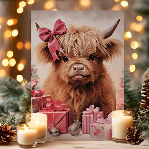 Cartes Pour Fêtes Annuelles Vache Highland avec cabot rose Noël