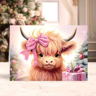 Cartes Pour Fêtes Annuelles Vache Highland bébé avec ruban rose Noël