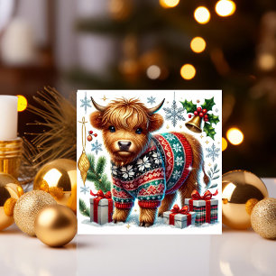 Cartes Pour Fêtes Annuelles Vache Highland confortable en pull de Noël