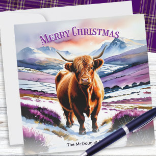 Cartes Pour Fêtes Annuelles Vache Highland dans l'aquarelle de neige