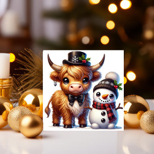 Cartes Pour Fêtes Annuelles Vache Highland élégante avec ami bonhomme de neige