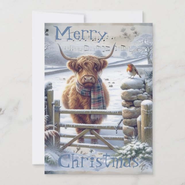 Cartes Pour Fêtes Annuelles Vache Highland hiver Aquarelle de Noël (Devant)