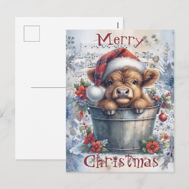 Cartes Pour Fêtes Annuelles Vache Highland hiver Aquarelle de Noël (Devant / Derrière)