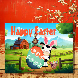 Cartes Pour Fêtes Annuelles Vache mignonne, coq et oeufs colorés ferme Pâques
