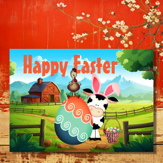 Cartes Pour Fêtes Annuelles Vache mignonne, coq et oeufs colorés ferme Pâques