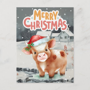 Cartes Pour Fêtes Annuelles Vache portant un chapeau santa en hiver