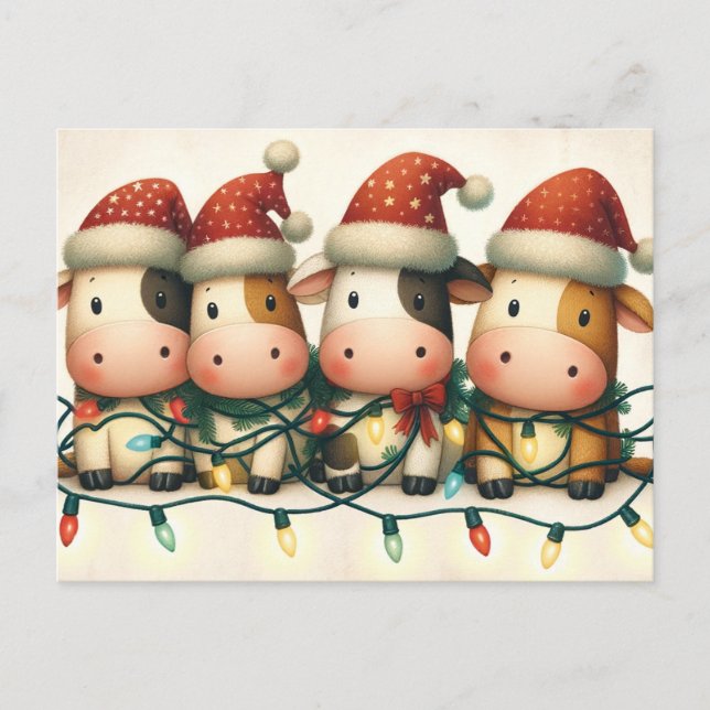 Cartes Pour Fêtes Annuelles Vaches avec chapeau de Noël lumières de Noël (Devant)