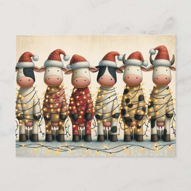 Cartes Pour Fêtes Annuelles Vaches avec chapeau de Noël lumières de Noël (Devant)
