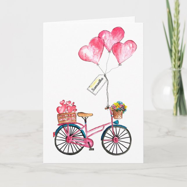 Cartes Pour Fêtes Annuelles Valentine Pink Blue Vélo Ballons Heart Love Nom (Devant)