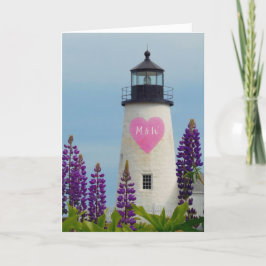 Cartes Pour Fêtes Annuelles Valentine Pink Watercolor Heart Initial Lighthouse