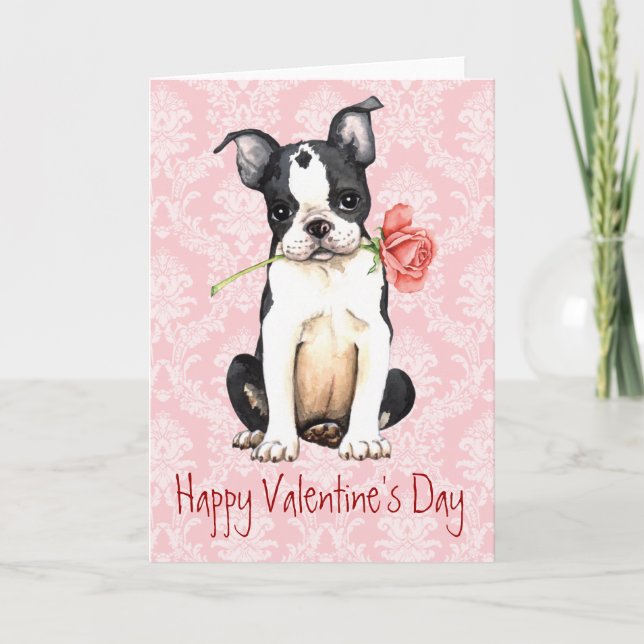 Cartes Pour Fêtes Annuelles Valentine Rose Boston Terrier (Devant)