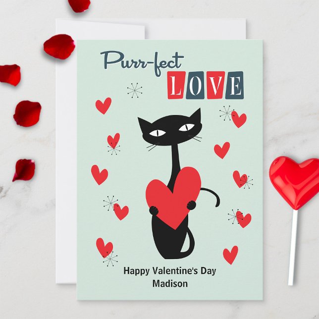 Cartes Pour Fêtes Annuelles Valentines Jour Rétro Mid Century Chat (Créateur téléchargé)