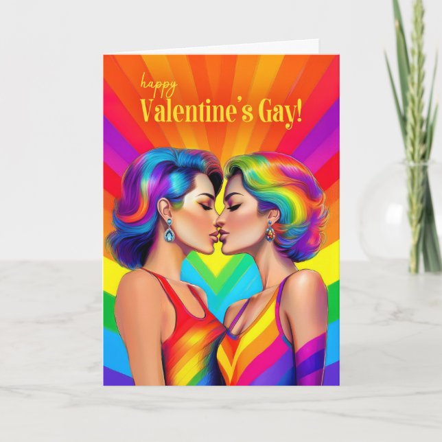 Cartes Pour Fêtes Annuelles Valentine's Lesbian Couple Rainbow Pop Art (Devant)