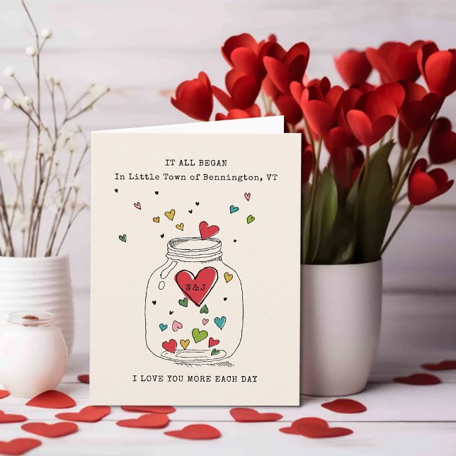 Cartes Pour Fêtes Annuelles Valentines Tout A Commencé Coeur En Jar Monogramme (Valentines It All Began Heart In Jar Monogram Holiday Card)