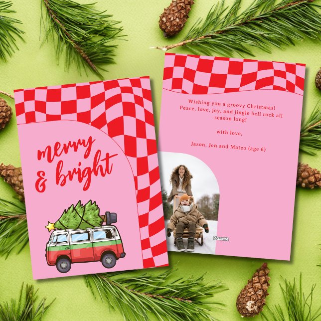 Cartes Pour Fêtes Annuelles Van Rétro Damier Joyeux & Lumineux Noël (Créateur téléchargé)
