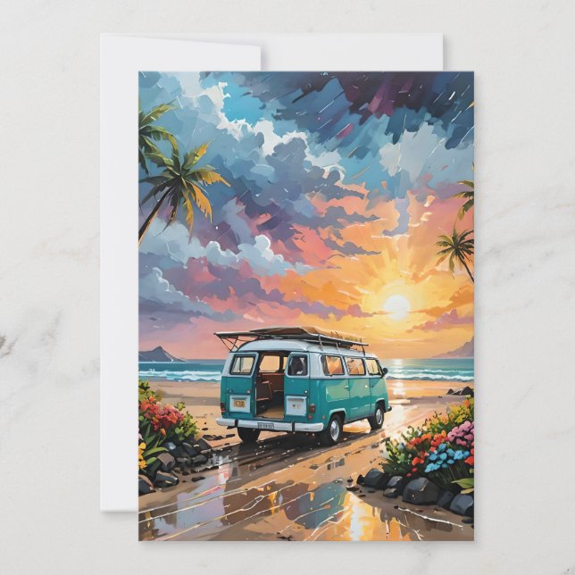 Cartes Pour Fêtes Annuelles Van Scene Sur La Plage A (Devant)
